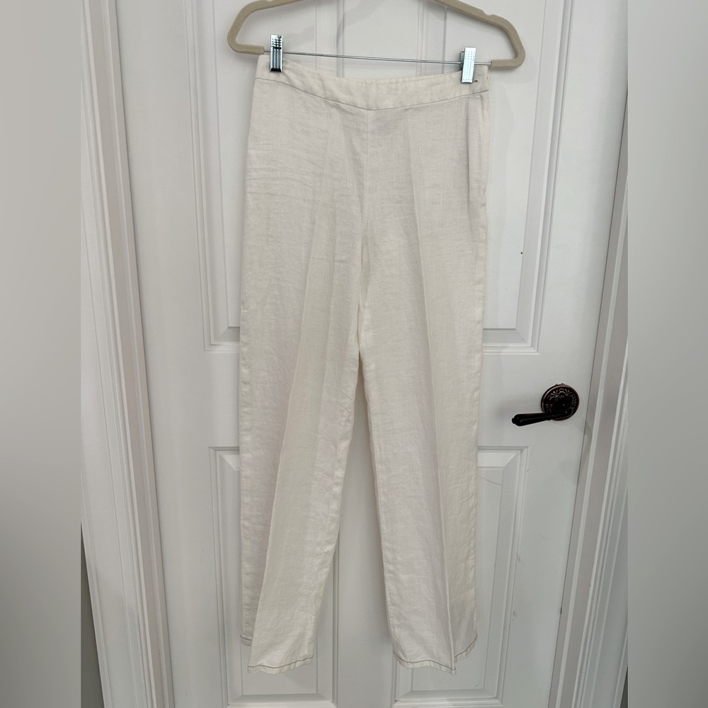 100% linen pants - straight leg - sit at the hip- side zip and button closure